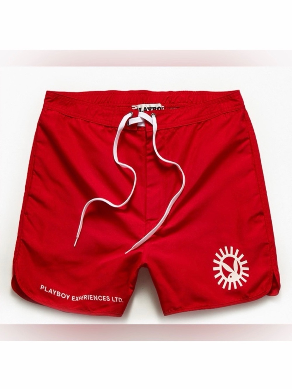 PLAYBOY Red Men's Swim Trunks with White Drawstring